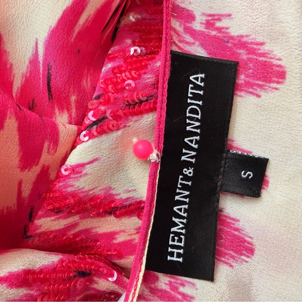 HEMANT & NANDITA Pink and Cream Printed sequin fringe tassel Kimono - Picture 5 of 10
